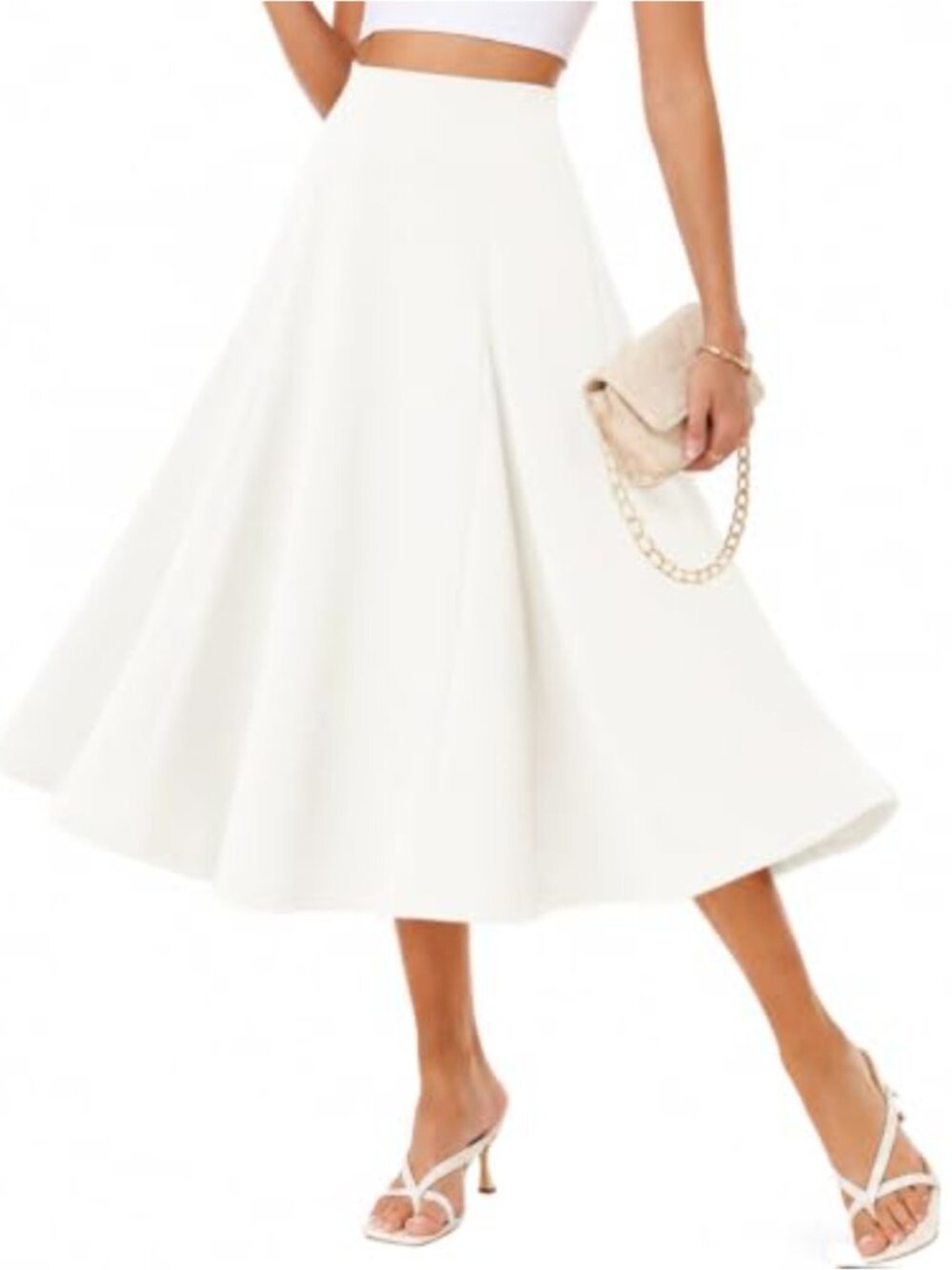 A-Line Midi Skirt High Waisted Elastic Waist Flowy Work Skirt